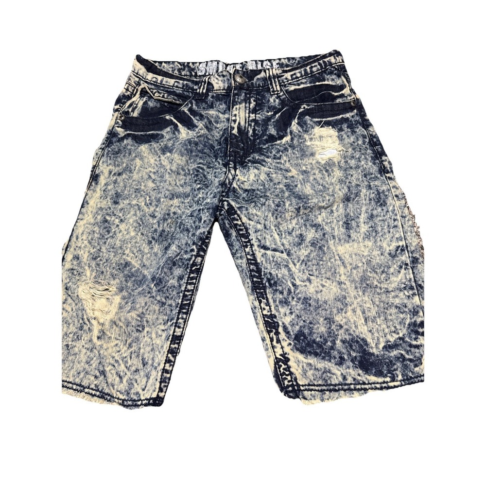 Smoke Rise Men's Shorts Frayed Lightning Distressed Acid Wash Blue Streetwear
